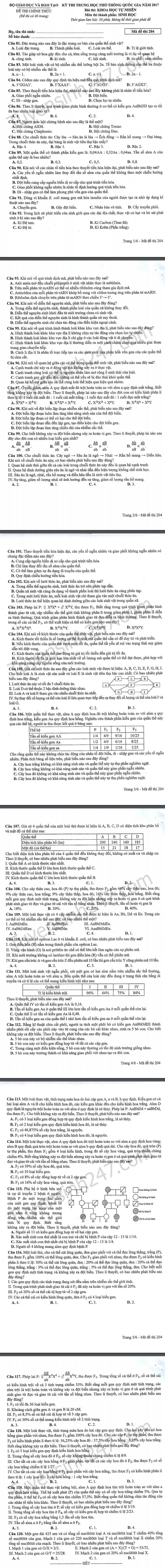 Dap an mon Sinh ma de 204 THPT Quoc gia 2017