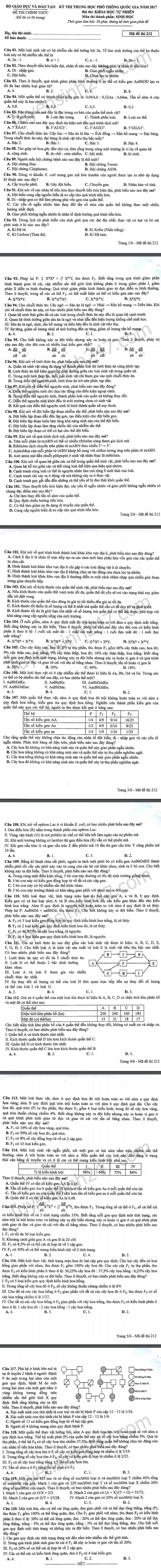 Dap an mon Sinh ma de 212 THPT Quoc gia 2017