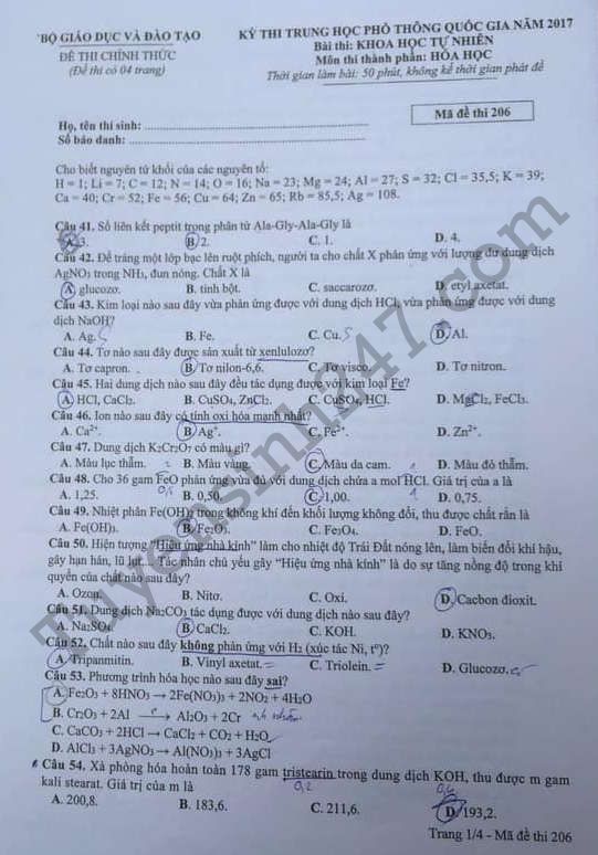 Dap an mon Hoa THPT Quoc gia 2017 - Tat ca cac ma de