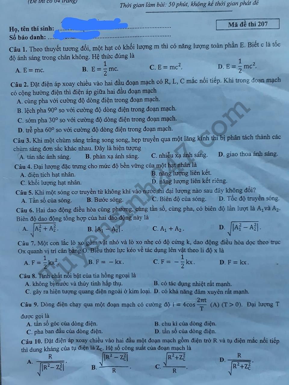 Dap an mon Ly THPT Quoc gia 2017 - Tat ca cac ma de