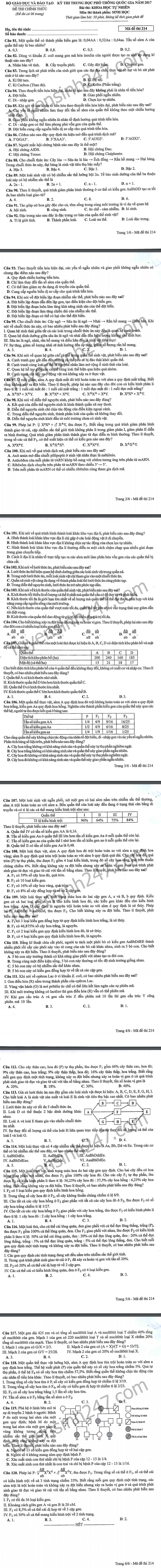 Dap an mon Sinh ma de 214 THPT Quoc gia 2017