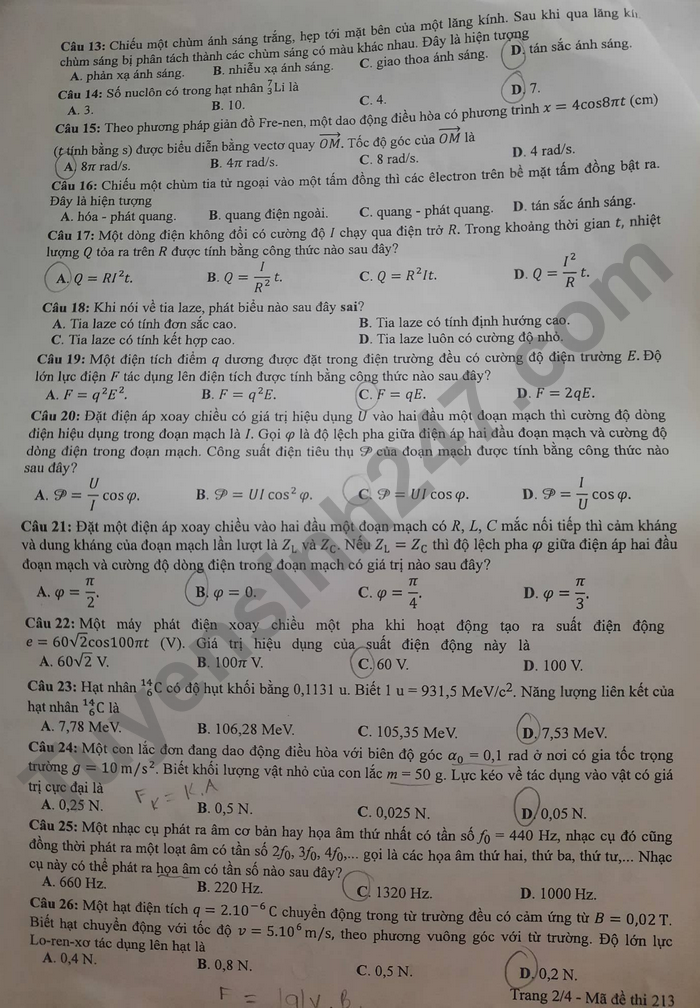 Dap an de thi mon Ly tot nghiep THPT 2022 - Ma de 213