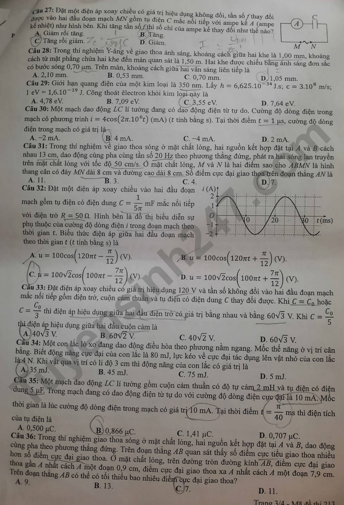 Dap an de thi mon Ly tot nghiep THPT 2022 - Ma de 213