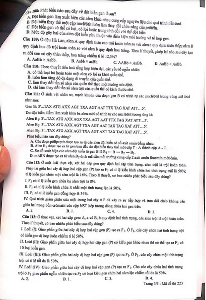 Dap an de thi mon Sinh - Ma de 223 tot nghiep THPT 2022