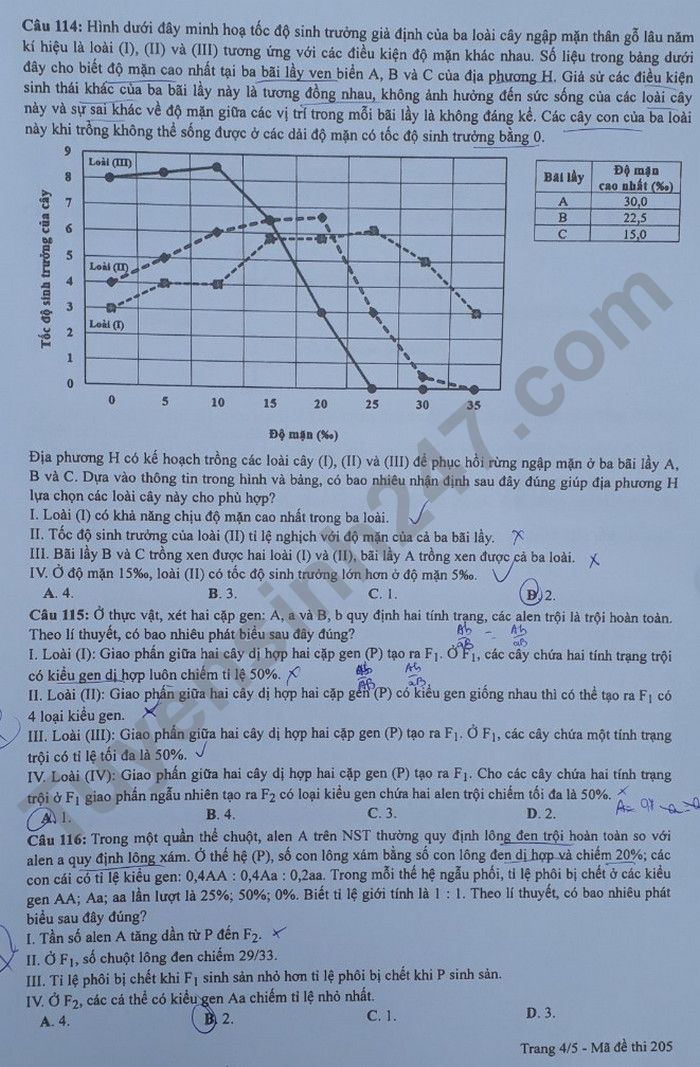 Dap an de thi mon Sinh tot nghiep THPT 2022 ma de 205