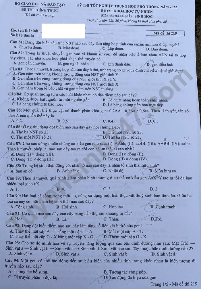 Dap an de thi mon Sinh tot nghiep THPT 2022 - ma de 219