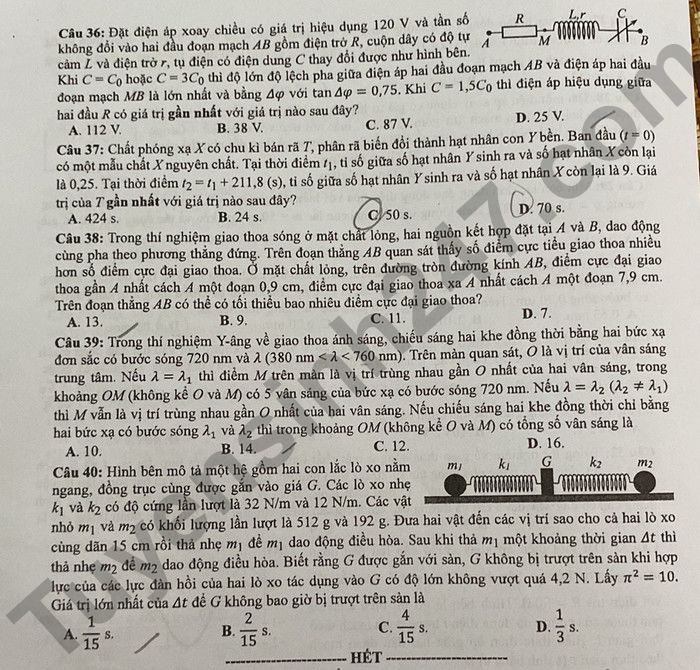 Dap an de thi mon Ly - Ma de 203 tot nghiep THPT 2022