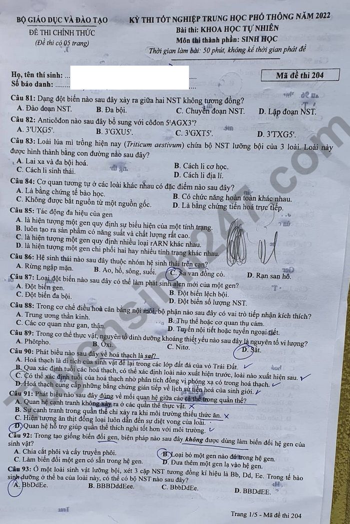 Dap an de thi tot nghiep THPT 2022 - ma de 204 mon Sinh