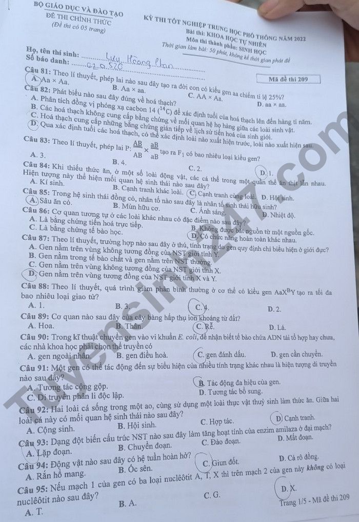 Dap an de thi mon Sinh tot nghiep THPT 2022 ma de 209
