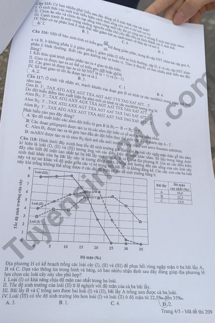 Dap an de thi mon Sinh tot nghiep THPT 2022 ma de 209