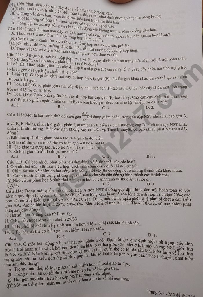 Dap an de thi tot nghiep THPT 2022 - Ma de 215 mon Sinh