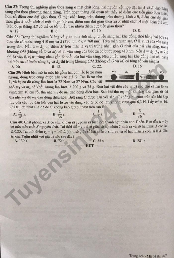 Dap an de thi mon Ly tot nghiep THPT 2022 - Ma de 207