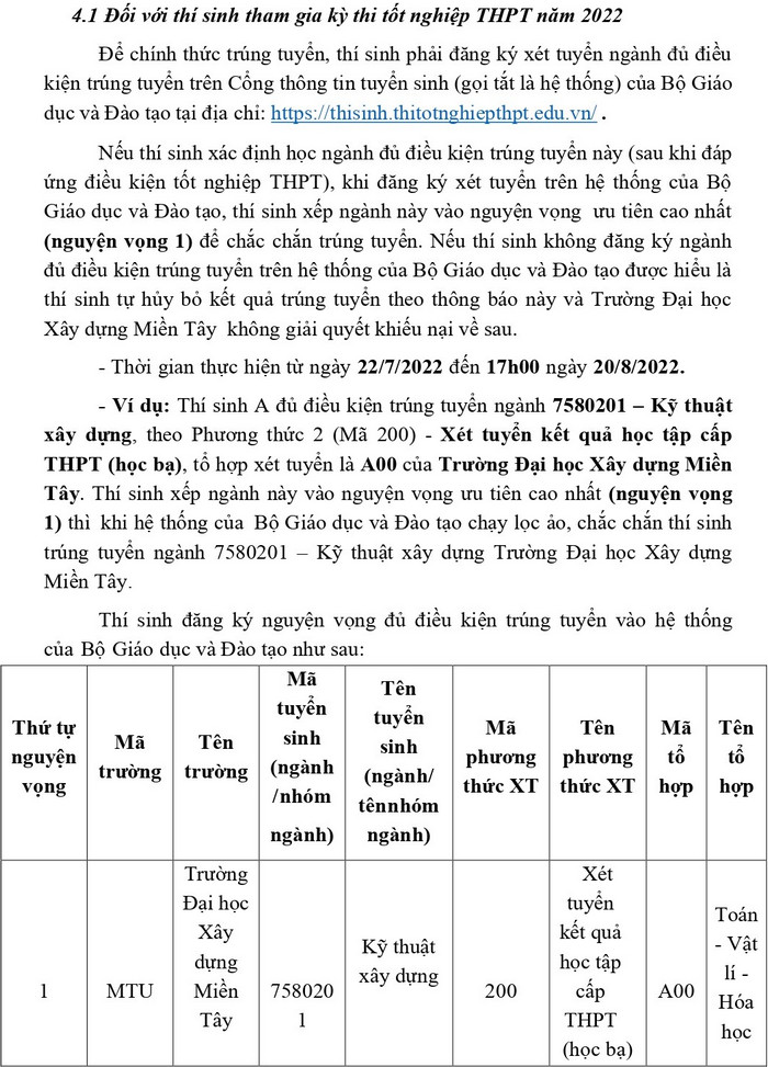 Diem chuan hoc ba DH Xay dung Mien Tay nam 2022