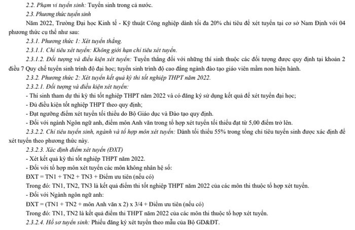 Phuong thuc tuyen sinh DH Kinh te Ky thuat Cong nghiep 2022