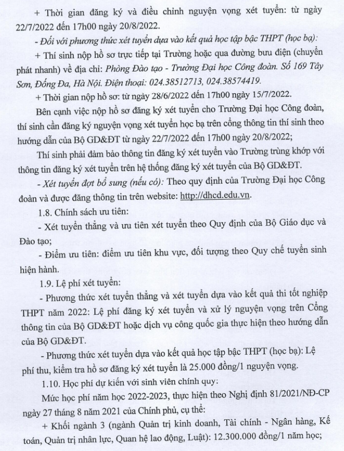 Thong tin tuyen sinh Dai hoc Cong Doan 2022
