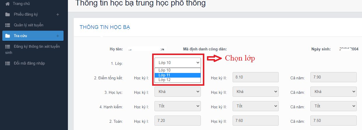 Huong dan tra cuu thong tin hoc ba, truong du dieu kien trung tuyen 2022