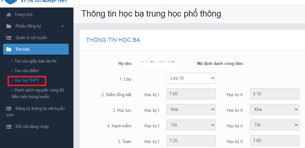 Huong dan tra cuu thong tin hoc ba, truong du dieu kien trung tuyen 2022
