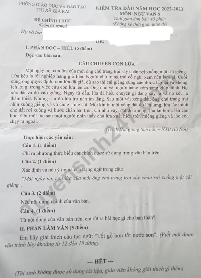De khao sat dau nam 2022 mon Van lop 8 - Thi xa Gia Rai