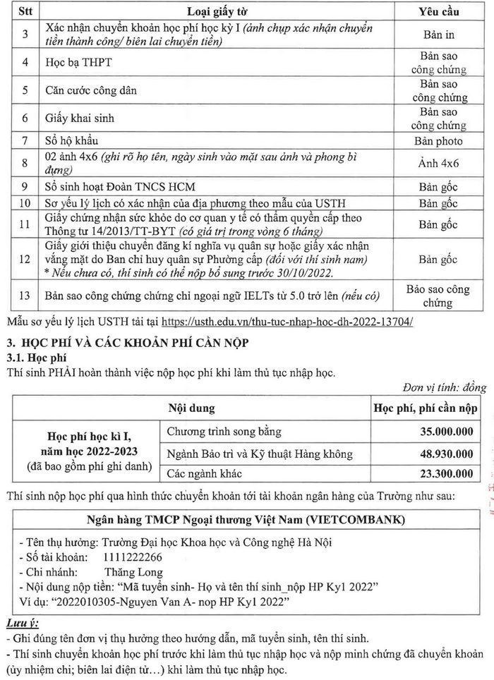 Ho so nhap hoc nam 2022 Dai hoc Khoa hoc va Cong nghe Ha Noi