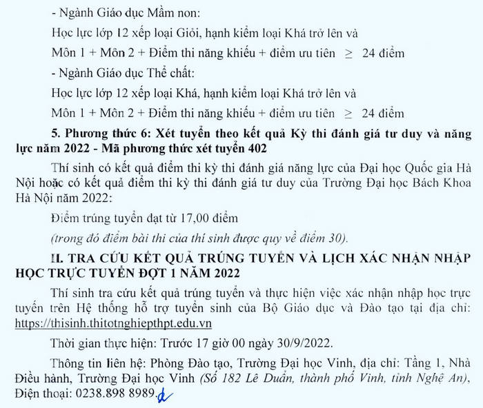 Dai hoc Vinh cong bo diem chuan nam 2022