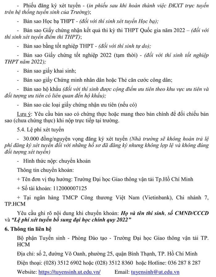 Dai hoc Giao thong van tai TPHCM xet tuyen bo sung nam 2022