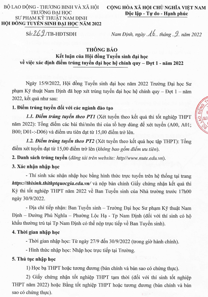 Diem chuan Dai hoc Su pham Ky thuat Nam Dinh 2022