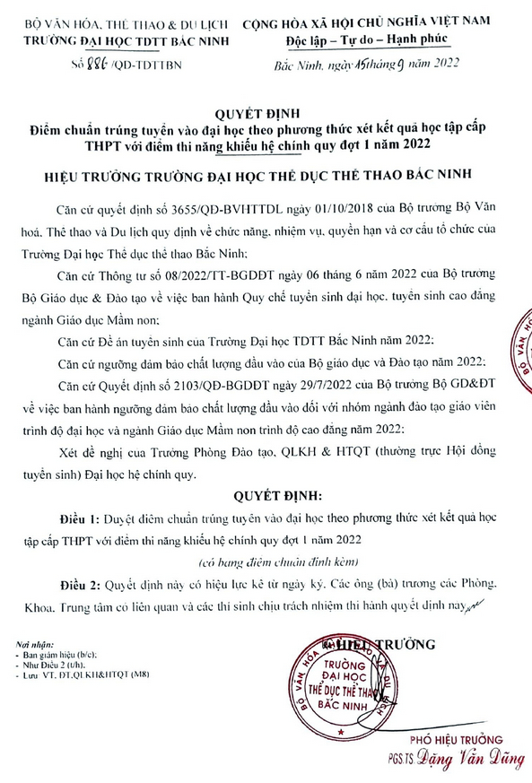 Diem chuan DH The duc The thao Bac Ninh nam 2022