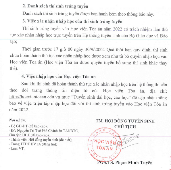 Hoc vien Toa an cong bo diem chuan nam 2022