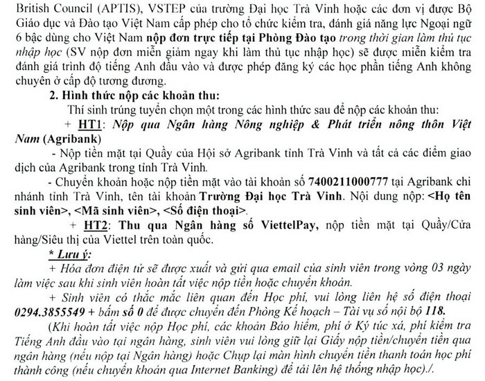 Ho so nhap hoc Dai hoc Tra Vinh nam 2022
