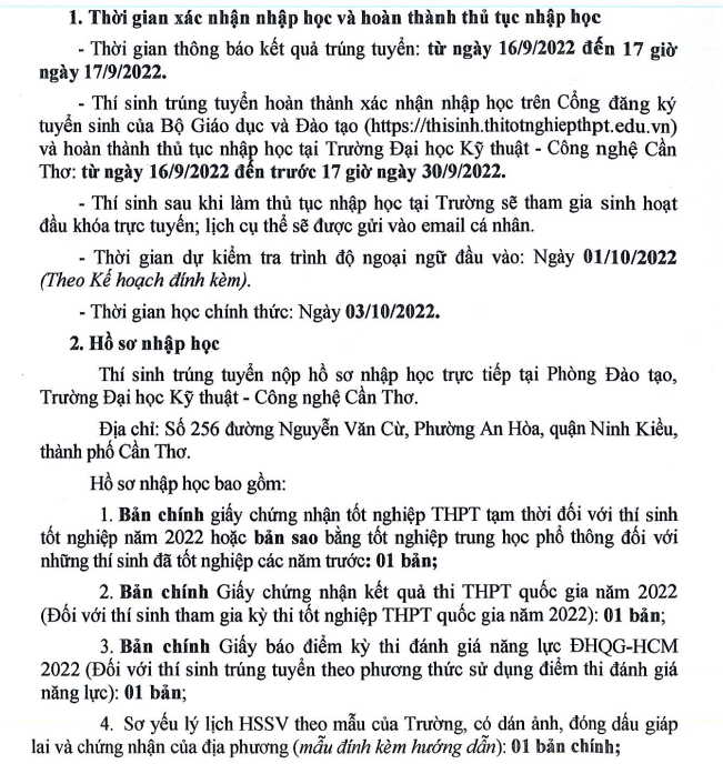 Ho so nhap hoc Dai hoc Ky thuat Cong nghe Can Tho 2022