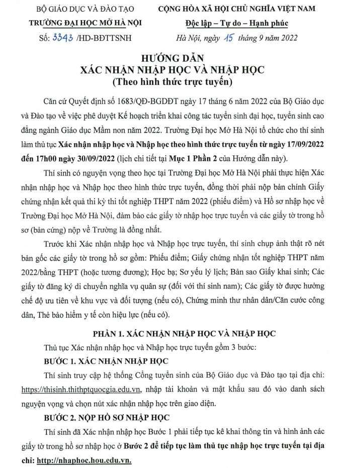 Ho so nhap hoc vao Dai hoc Mo Ha Noi 2022