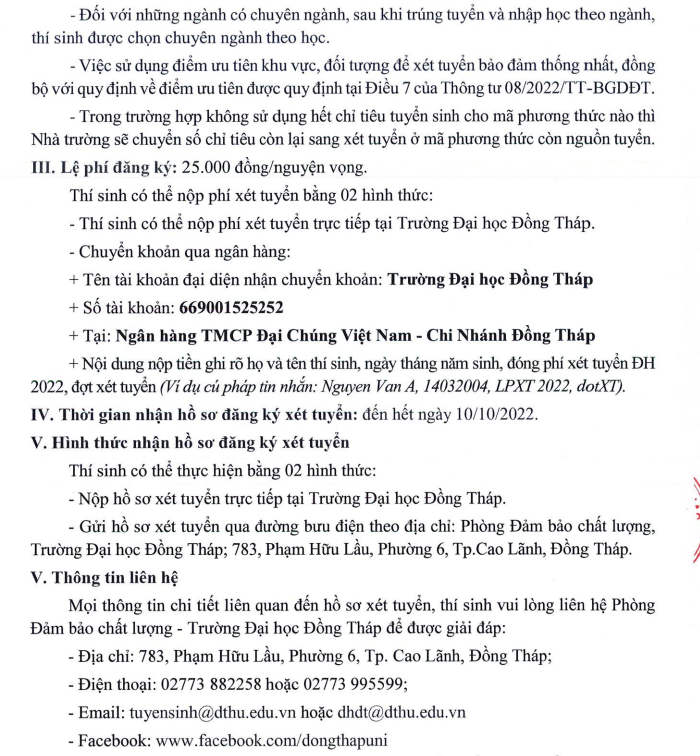 Dai hoc Dong Thap xet tuyen bo sung nam 2022