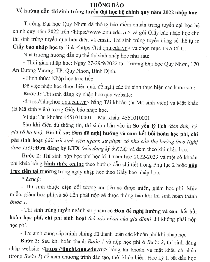Huong dan nhap hoc vao Dai hoc Quy Nhon nam 2022