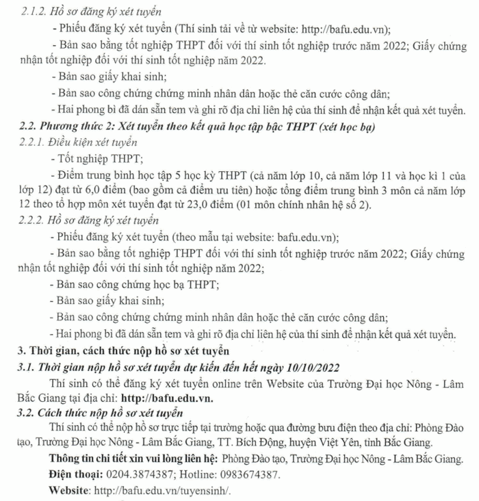 Xet tuyen bo sung vao Dai hoc Nong Lam Bac Giang nam 2022