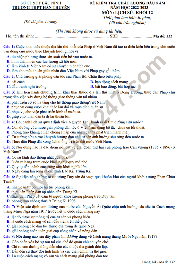 De khao sat dau nam 2022 mon Su lop 12 - THPT Han Thuyen co dap an
