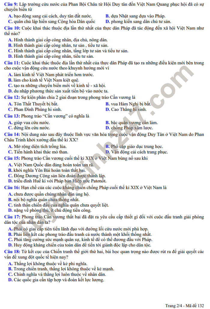 De khao sat dau nam 2022 mon Su lop 12 - THPT Han Thuyen co dap an