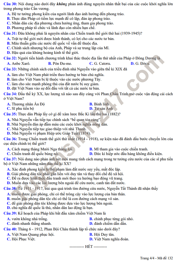 De khao sat dau nam 2022 mon Su lop 12 - THPT Han Thuyen co dap an