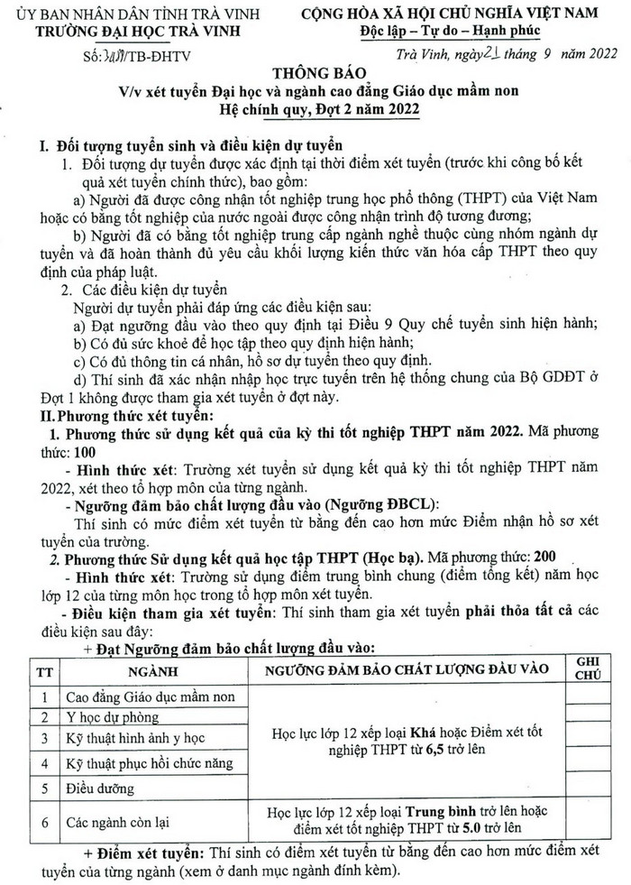 Xet tuyen bo sung nam 2022 vao Dai hoc Tra vinh