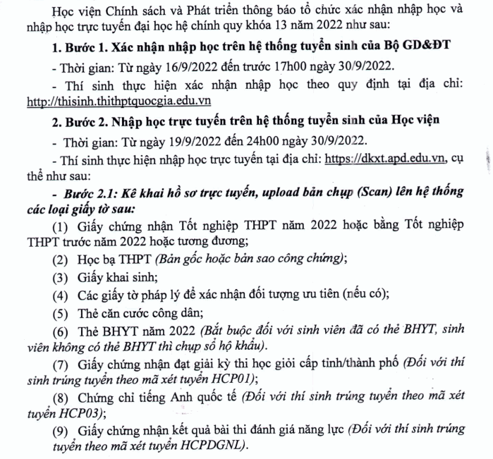 Huong dan nhap hoc Hoc vien Chinh sach va Phat trien 2022
