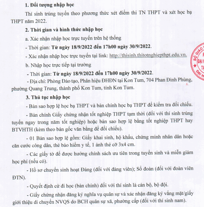 Thu tuc nhap hoc Phan hieu Dai hoc Da Nang tai Kon Tum 2022