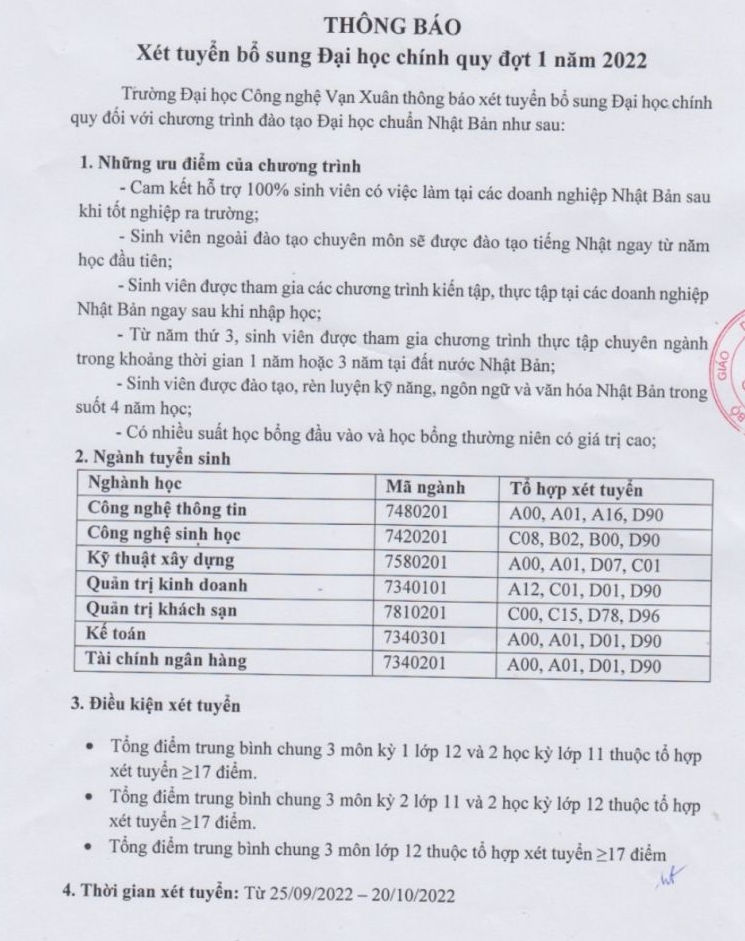 Dai hoc Cong nghe Van Xuan xet bo sung 2022
