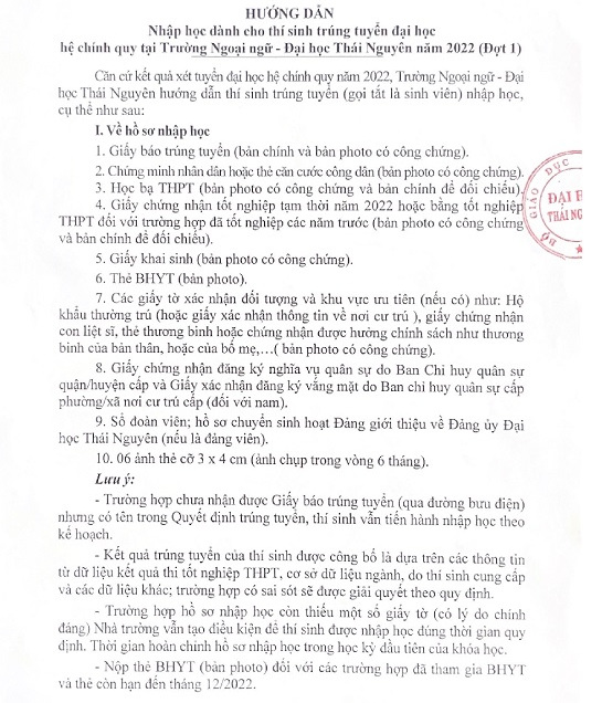 Ho so nhap hoc Truong Ngoai ngu - DH Thai Nguyen 2022