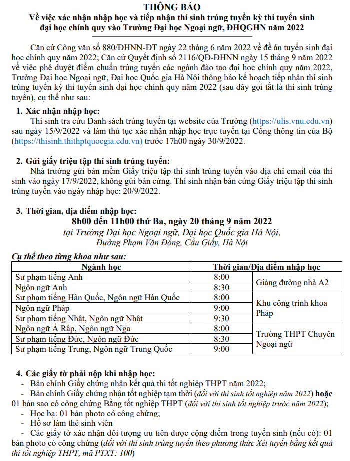 Ho so nhap hoc Dai hoc Ngoai ngu - DHQGHN nam 2022