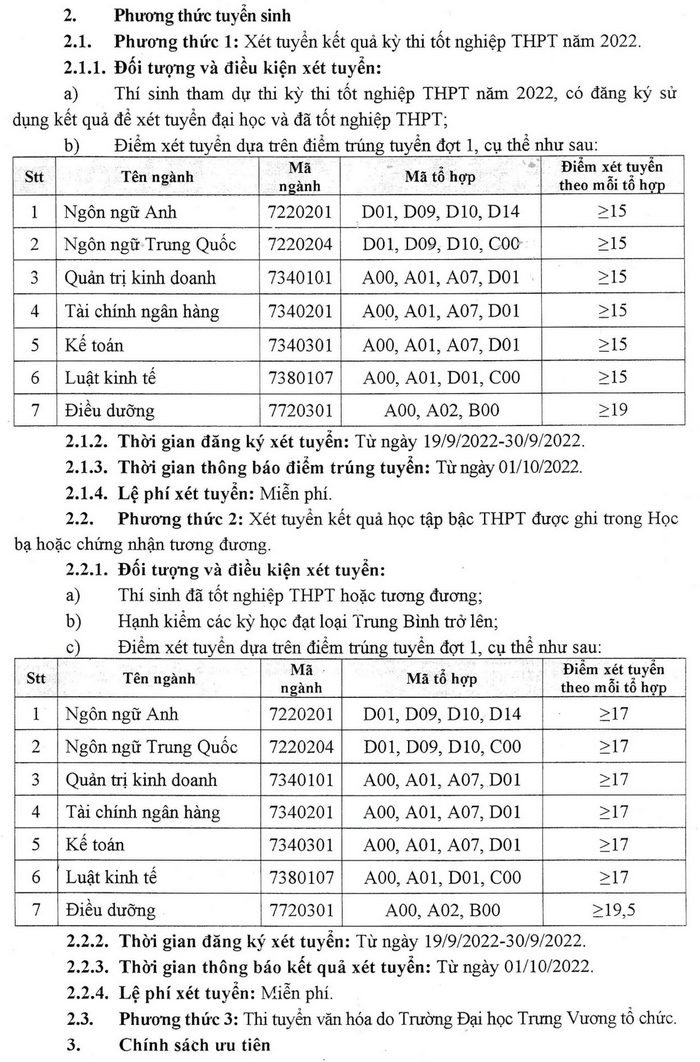 Dai hoc Trung Vuong xet bo sung 883 chi tieu nam 2022