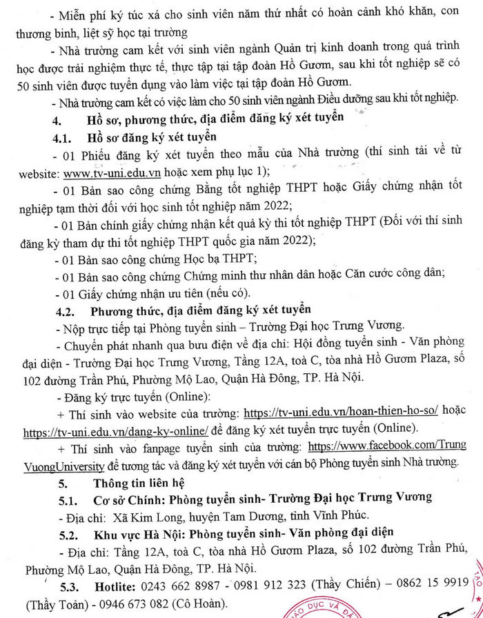 Dai hoc Trung Vuong xet bo sung 883 chi tieu nam 2022