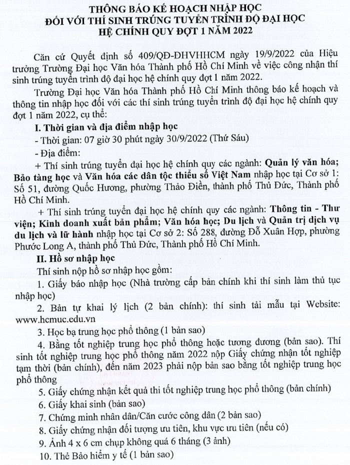 Ho so nhap hoc Dai hoc Van hoa TPHCM nam 2022