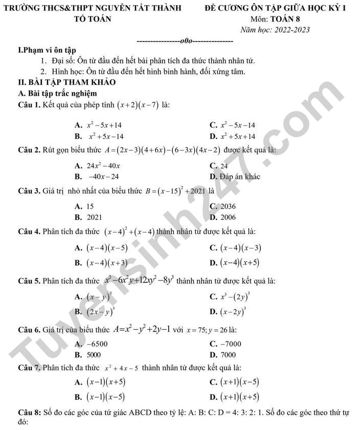 De cuong giua ki 1 mon Toan lop 8 - THCS&THPT Nguyen Tat Thanh 2022
