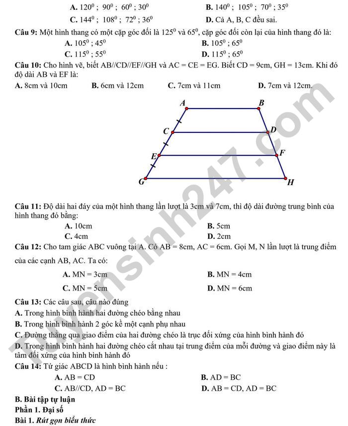 De cuong giua ki 1 mon Toan lop 8 - THCS&THPT Nguyen Tat Thanh 2022