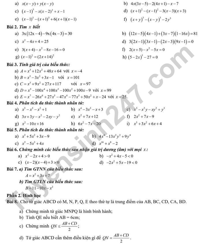 De cuong giua ki 1 mon Toan lop 8 - THCS&THPT Nguyen Tat Thanh 2022