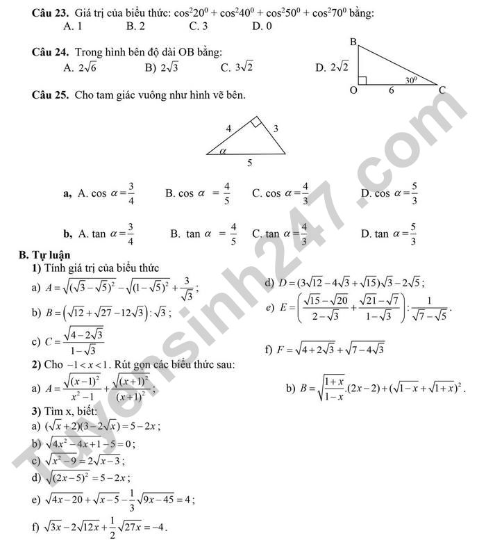 De cuong on tap giua ki 1 lop 9 mon Toan 2022 - THCS&THPT Nguyen Tat Thanh
